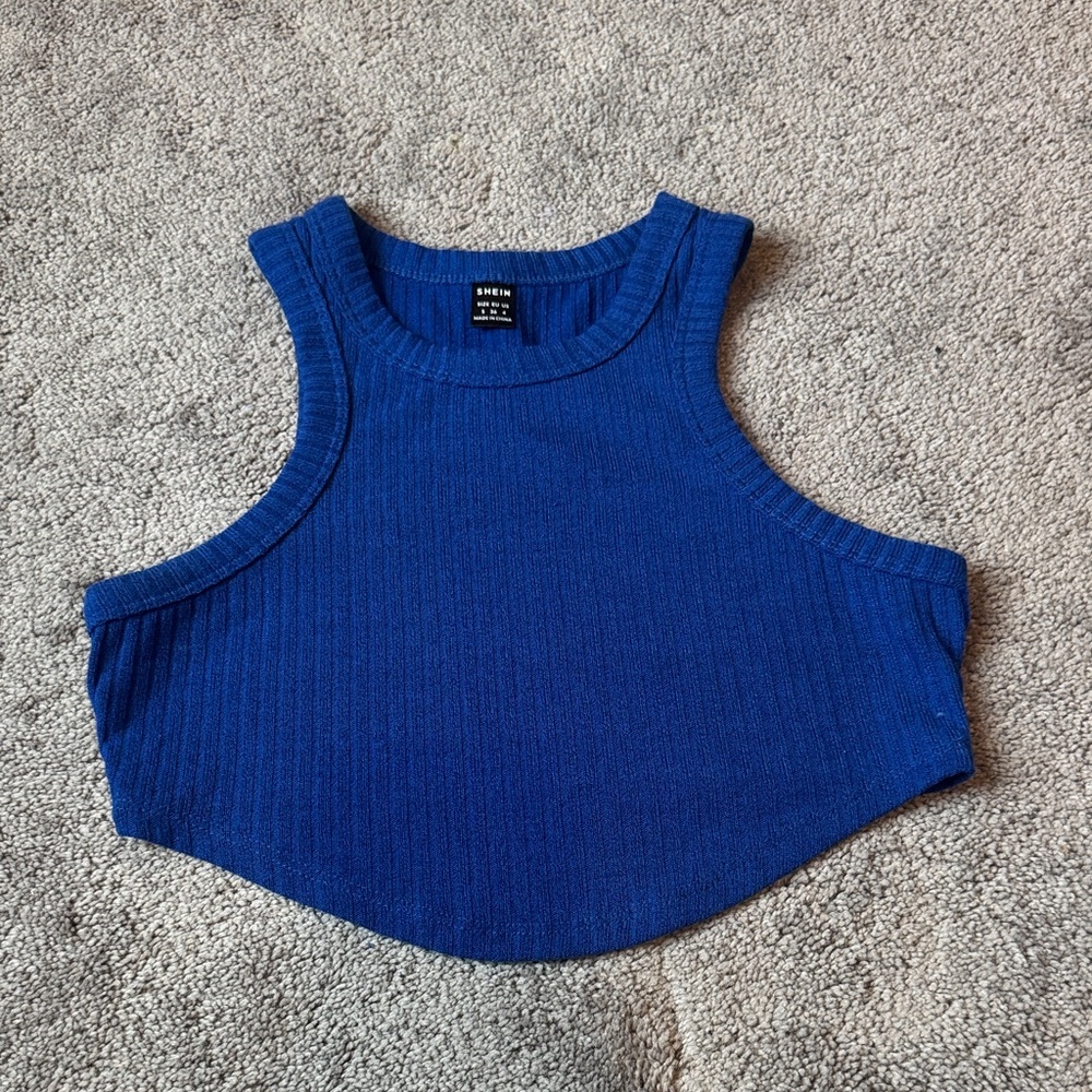 SHEIN Royal Blue Ribbed Knit Crop Tank Top SIZE S High Neck Casual Stretch Y2K